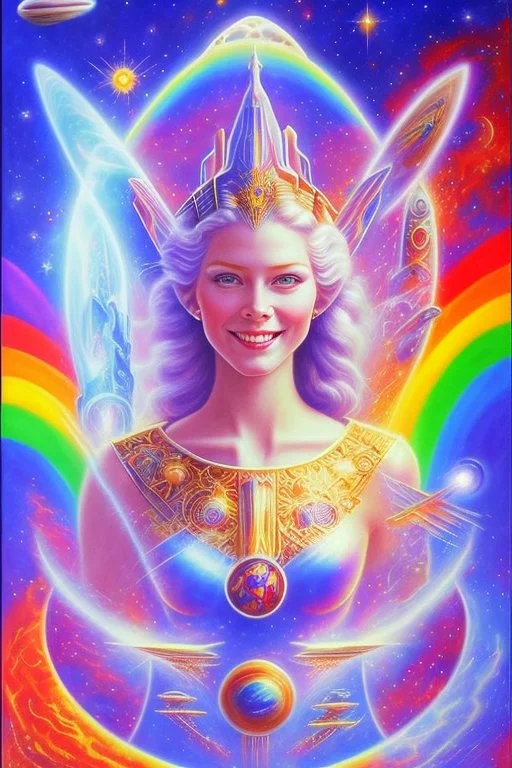 cosmic woman from the future, one fine whole face, large cosmic forehead, crystalline skin, expressive blue eyes, blue hair, smiling lips, very nice smile, costume pleiadian,rainbow ufo Beautiful tall pleiadian Galactic commander, ship, perfect datailed golden galactic suit, high rank, long blond hair, hand whit five perfect detailed finger, amazing big blue eyes, smilling mouth, high drfinition lips, cosmic happiness, bright colors, blue, pink, gold, jewels, realistic, real