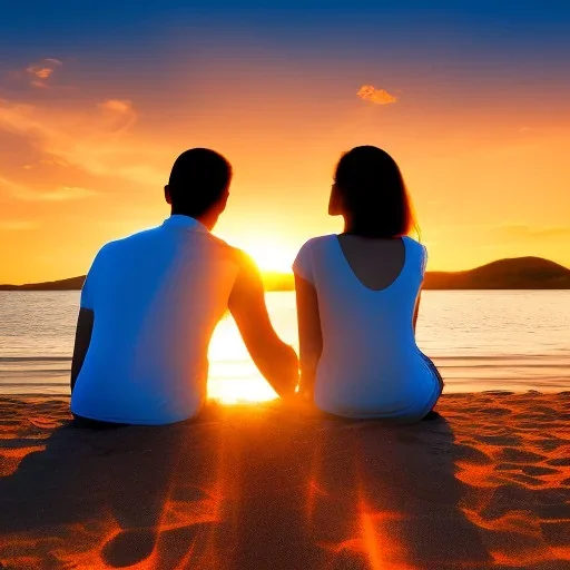 2 lovers watching the sunset sitting in the sand on a sand island