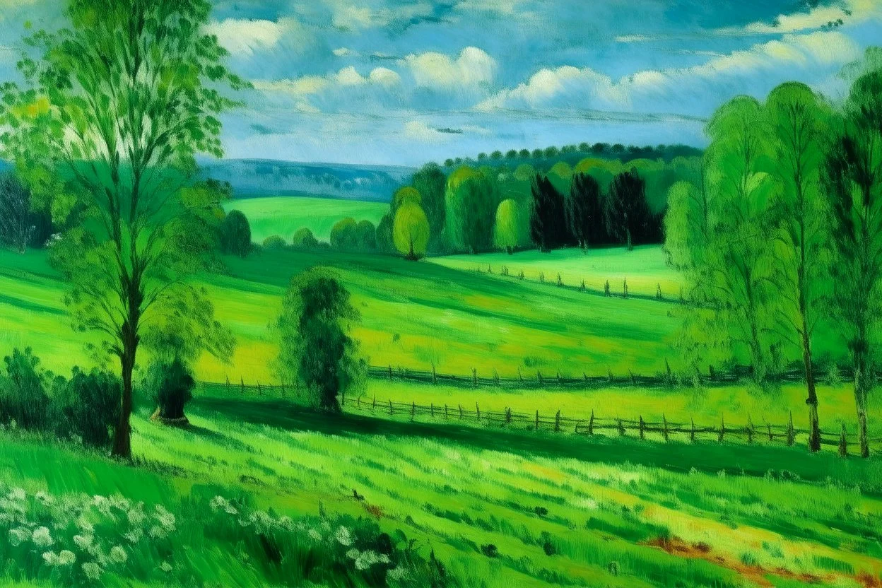 A green field with bio life painted by Alfred Sisley