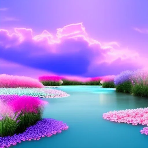 beautiful dream, mystical, cascades, delicate flowers, masterpiece, pastel colors, blue river, pink clouds,8k