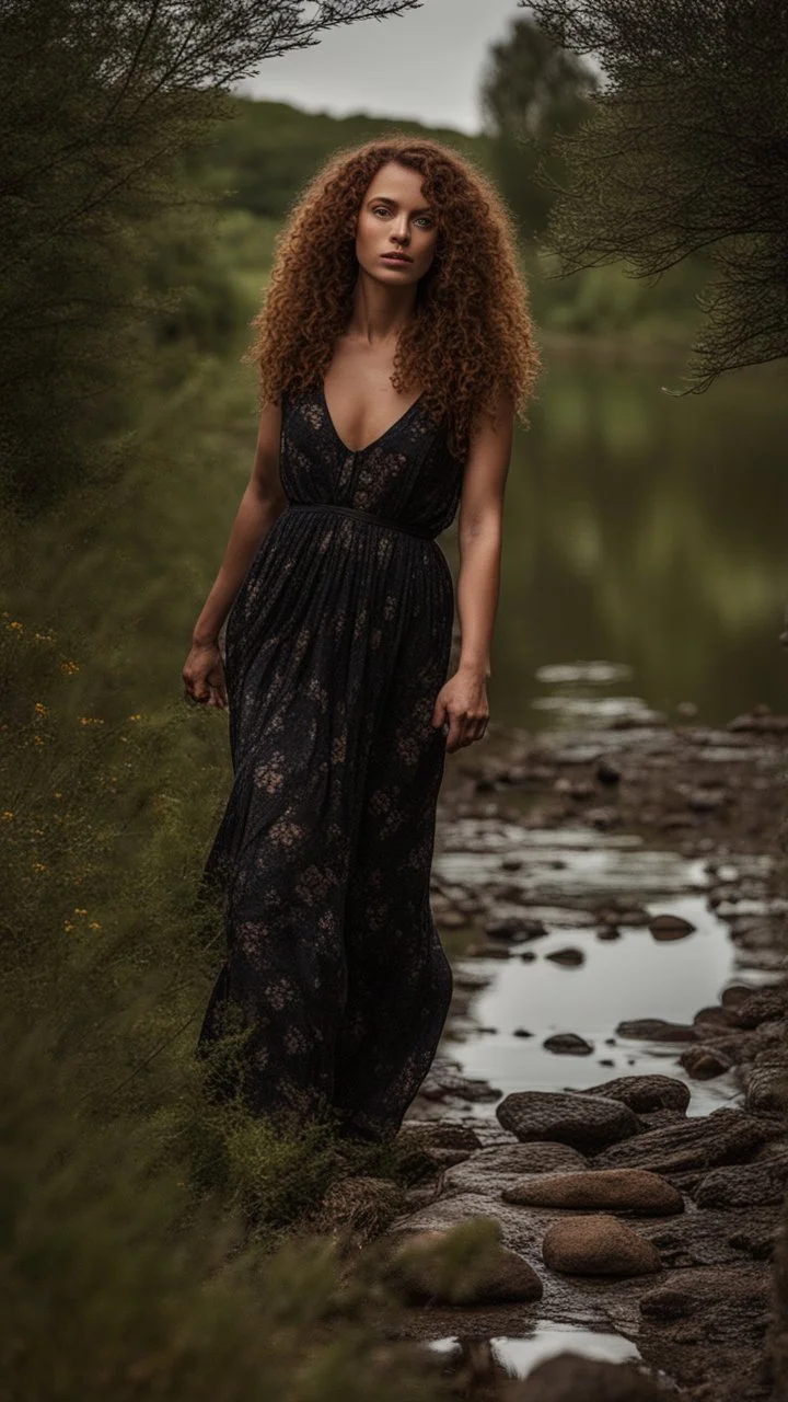 full body shot of a very beautiful lady curly hair, walks in the country side with a narrow river with clean water and nice rocks on floor. The trees and wild flowers .