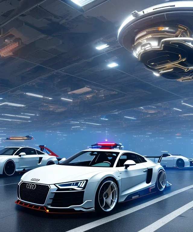 Audi in a cyberpunk futuristic city with flying cars|mdjrny-v4 style| wide angle| intricate detailed| to scale| hyperrealistic| cinematic lighting| digital art| concept art