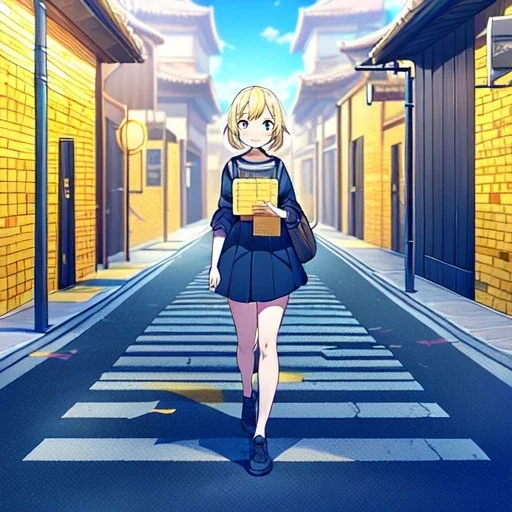 anime girl walking down a yellow brick road, road signs, arrows, direction, anime girl walking,