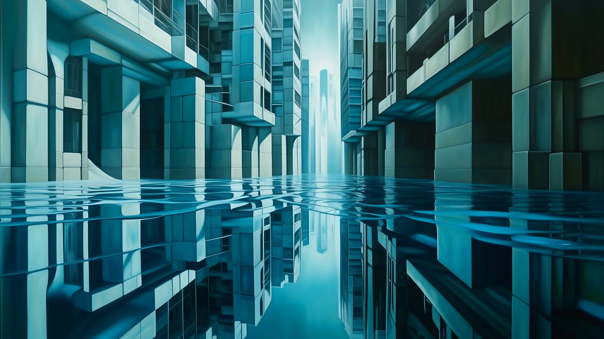 Character in a dreamlike cityscape with crystal-clear water channels, abstract, monolithic buildings with no openings, immaculate walls projecting geometric shadows onto the water, reflections duplicating the enigmatic architecture, an atmosphere of contemplative mystery, diffused, ethereal light, metaphysical hyperrealism style