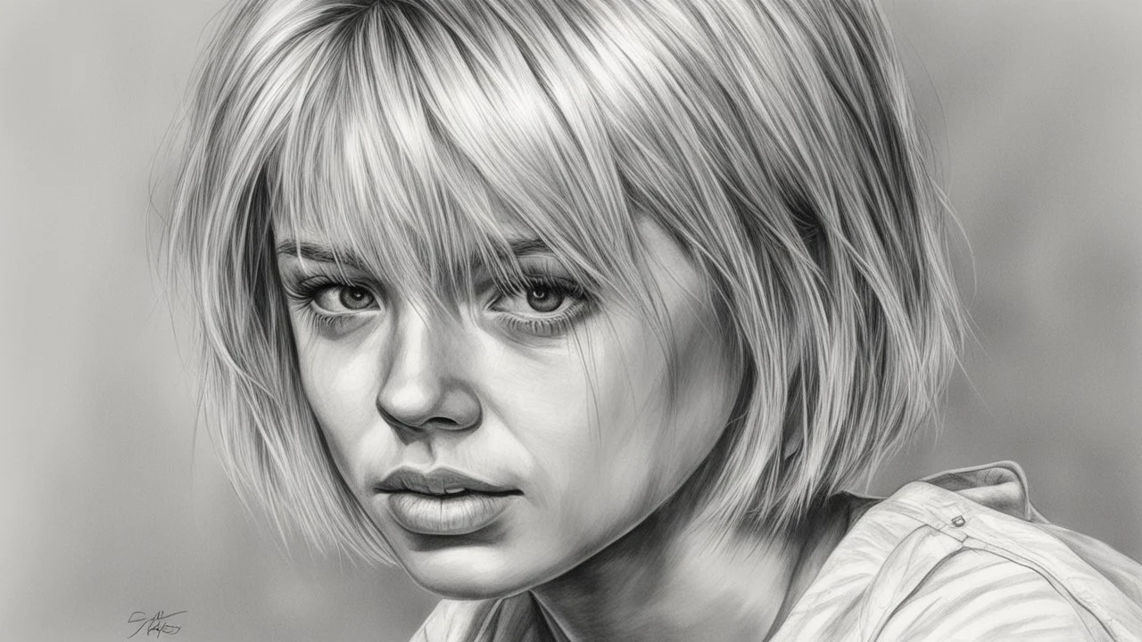 Black and white pencil sketch of 1990s blonde short hairstyle, tears, crying, 9th floor, photorealism, 3d, 64k, high resolution, hyperrealism, f/16, 1/300s.