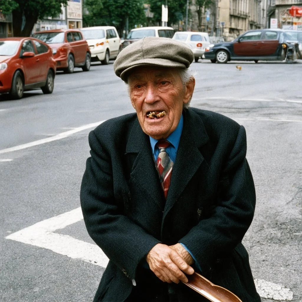 An odd city, traffic, Lutenblag, Molvania, East Europe 1990's, paradoxical, persona vecchia senza denti, brutta, vestita male,