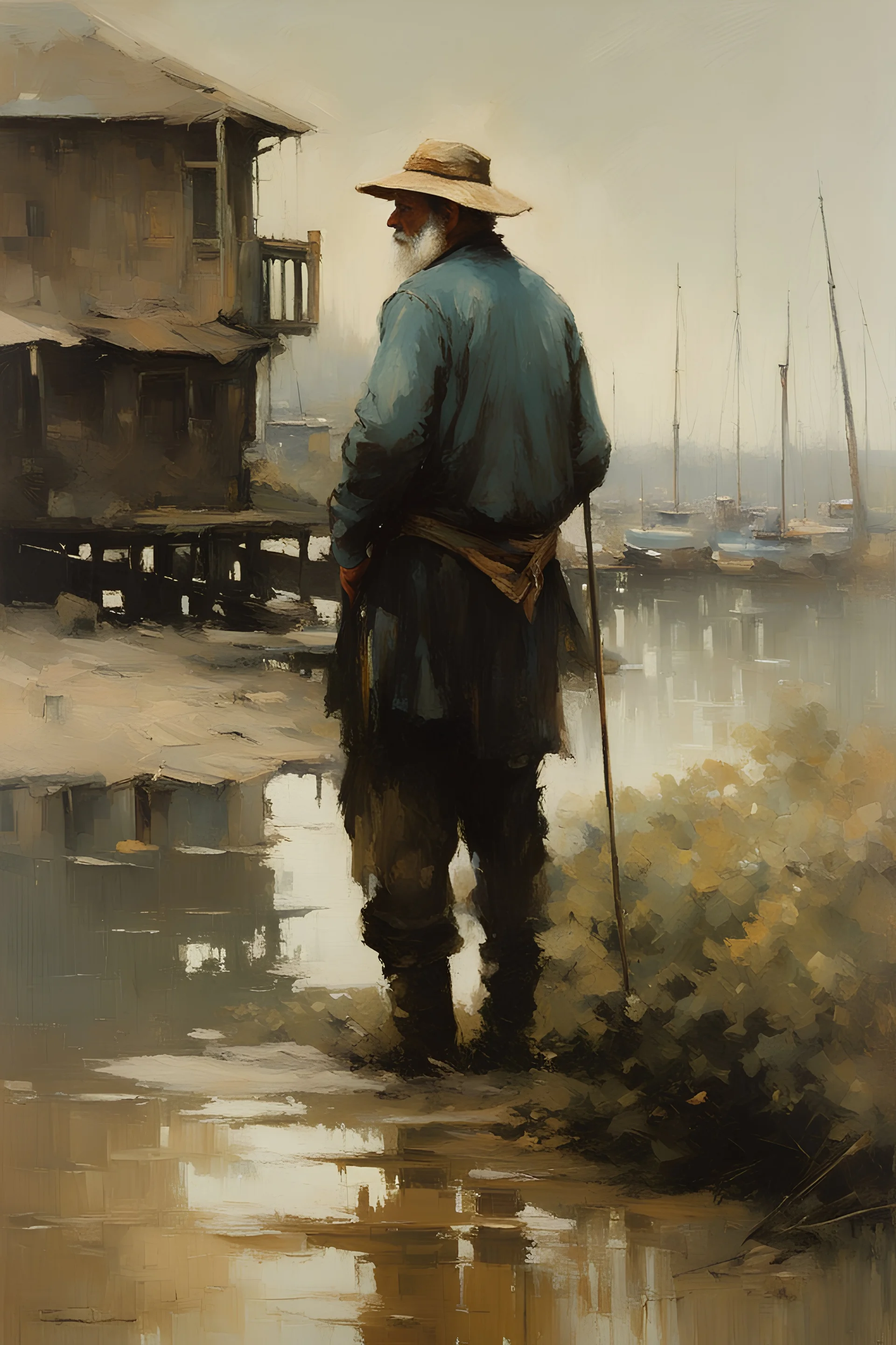 Masterpiece, best quality, oil painting, Jeremy Mann style, old fisherman standing on front of his house looking out on the harbor