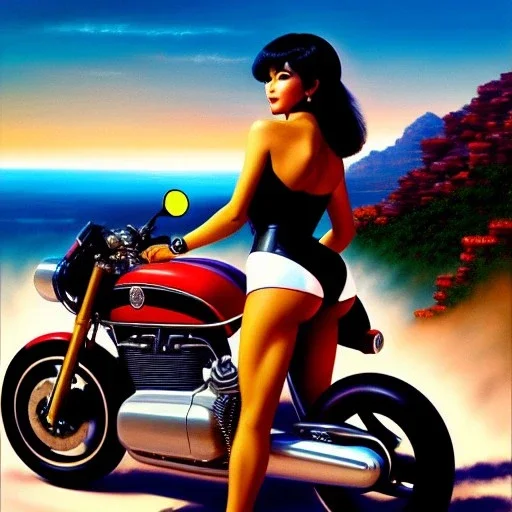 portrait of busty beautiful 'Female Rider on Shotaro Kaneda's Bike',aerial view, painting by Earl Norem, simon Bisley, evan lee , oil on canvas, cinematic composition, extreme detail,fit full head inside picture,8k