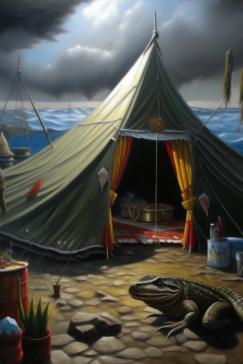 crocodile rocket living in a tent in the arctic, prize winning oil painting