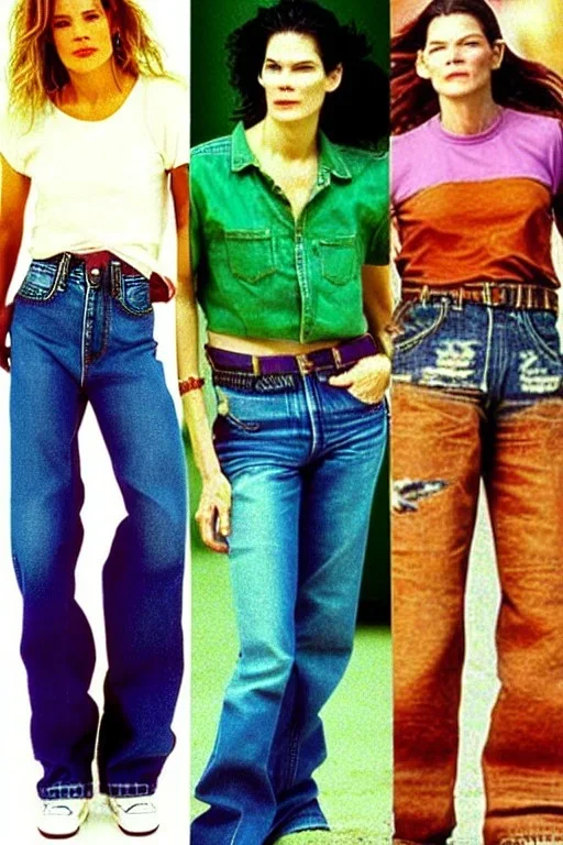 year 1996 denim fashion. Loose fit, low waist, baggy. Colors: denim blue, blue, purple, khaki, light green, lilac, plum, orange, terracotta, red, pink, dark blue, beige. Women models. Sharon Stone, Sandra Bullock, Winona Ryder, Milla Jovovich, Big tennis shoes on.