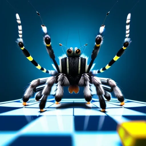 close up of a large hairy blue spider smiling and playing chess, photorealistic, blender render, wide angle lens, 4k, two birds, jungle,