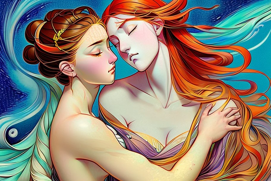 colourful digital painting of beautiful aphrodite full body embracing old man, in the style of hokusai and van gogh