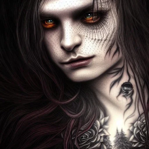 perfect long-haired Vampire, perfect eyes, full tattoos of roses art and trees extending past face and morphing into galaxy, 8k resolution, high-quality, fine-detail, intricate, digital art, volumetric lighting ,highly detailed, masterpiece, delicate detailed, sharp focus, insanely detailed, fantasy art, intricate detailed, elegant, fog, Special Lighting, Vibrant, color Scheme, forest, unreal engine 5, trending on artstation ,phighly detailed fantasy rose tones portrait.