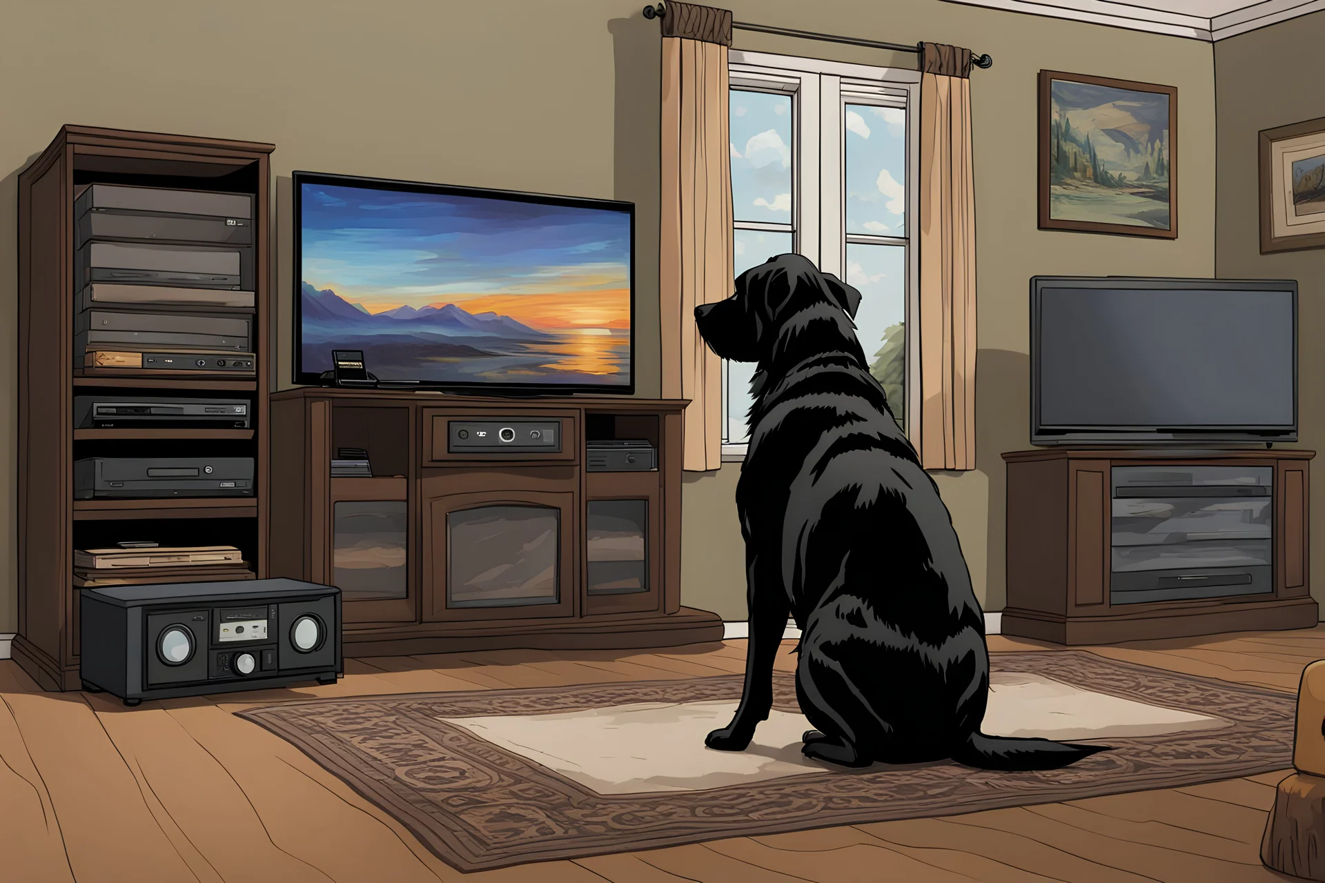 inspired by all the works of art in the world - Directly in front of me is my Entertainment Center with my TV and Blu-Ray Player, to the right of my entertainment center is my bed with three pillows and a wooden headboard, to the left of the entertainment center is a Piano, and on the floor is a black dog, Absolute Reality, Reality engine, Realistic stock photo 1080p, 32k UHD, Hyper realistic, photorealistic, well-shaped, perfect figure,