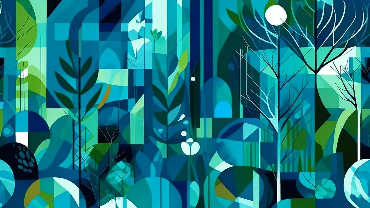 A sharp, geometric and expressionist digital illustration of an abstract garden. Colors are electric blue, dark green and light grey.