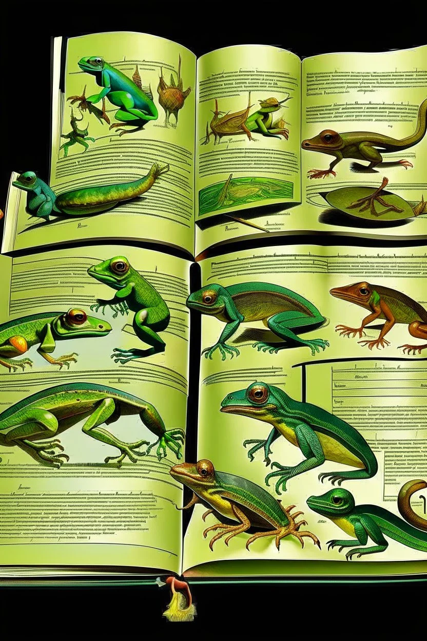 different variations of amphibians montage science book style