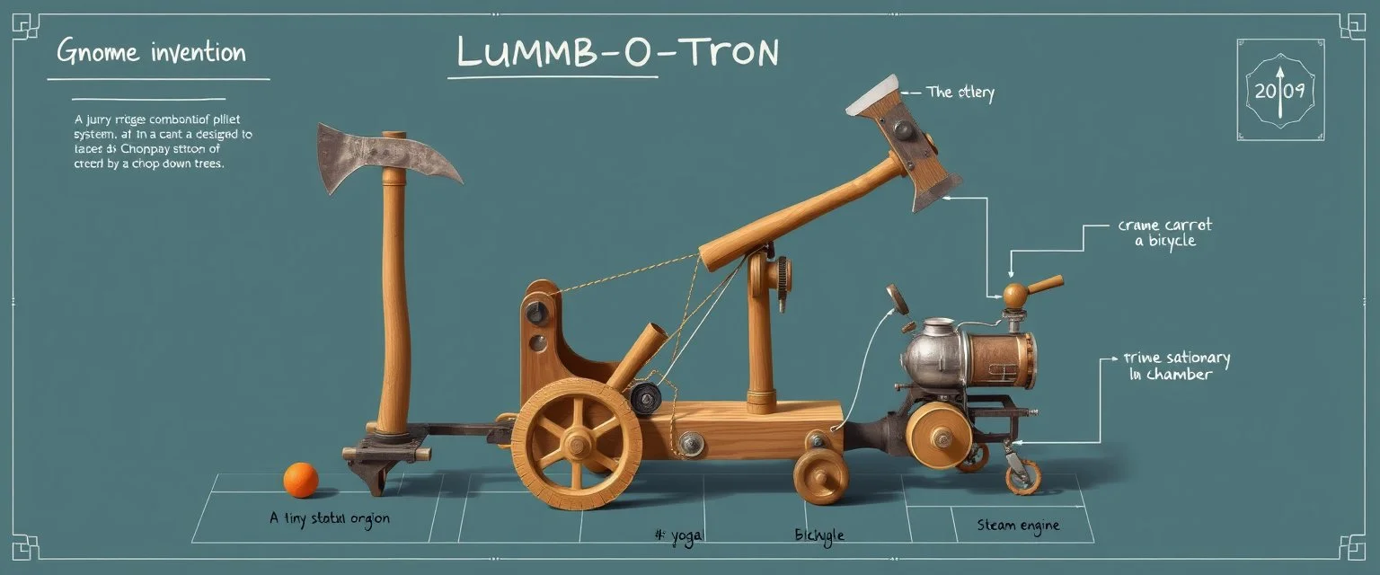 isometric blueprint of Gnome invention, winning prize at gnome convention, The Lumb-O-Tron A jury-rigged combination of a cart, pulley system, and an axe designed to chop down trees. The motion is powered by {a yoga pig in a wheel treadmill spurred by a carrot on a stick | a crude stationary bicycle | a tiny steam engine heated by a red pseudodragon in the chamber}