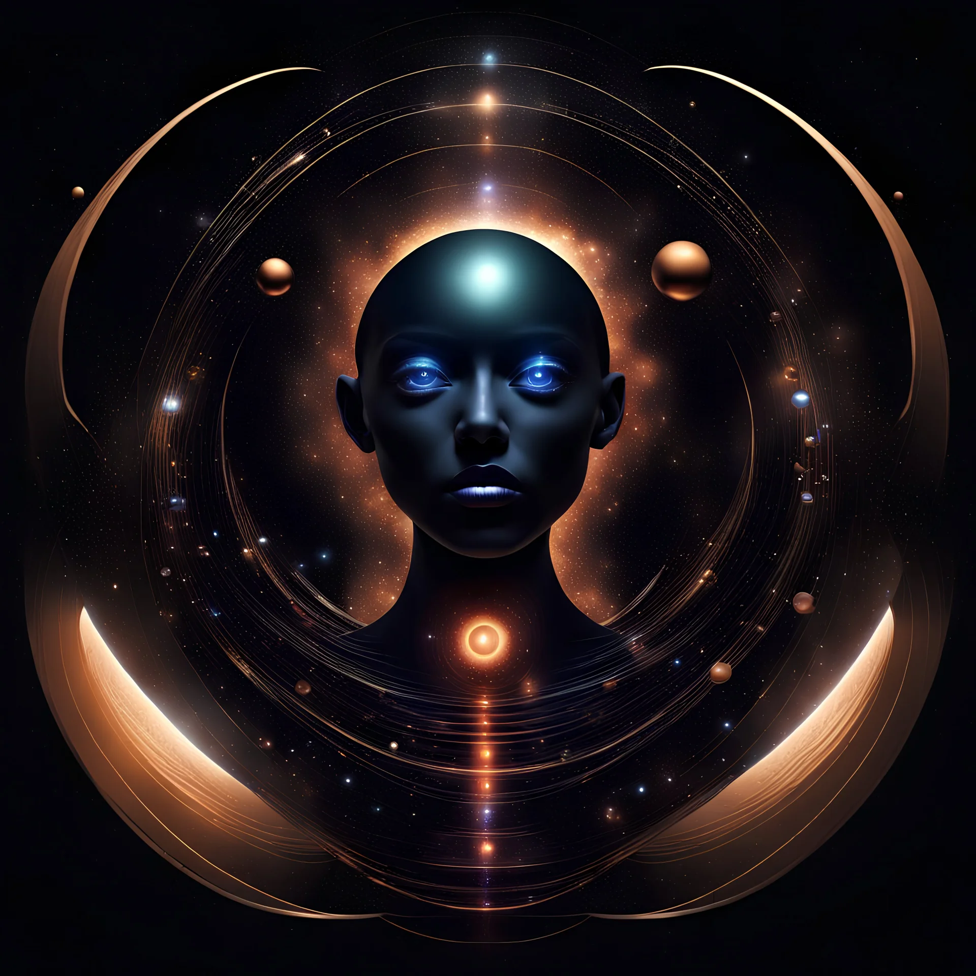deep rich colors, magic lighting, black and bronze, Abstract minimalism amazing funny strange sci-fi technical geometric surreal beautiful fashion portrait, planets, hologram portal to other dimension, minimalist black background, surreal lonely fantasy, deep soul spirit, fantasy surreal alien geometry, flat, vector, clipart, eternity infinity utopia style raw, Paradigm Shift, double exposure tilt-shift portrait, album art, cover art, album cover,
