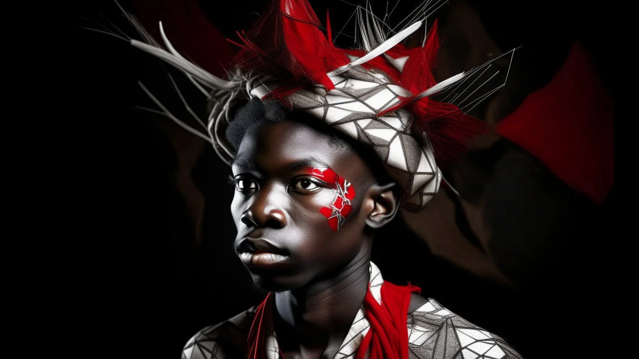Retrato pictórico de hombre africano joven con pintura ritual, piel con pintura tribal geométrica roja y negra triangular, lleva tocado de papel origami de grullas blancas, estilo estilo Annie Leibovitz retrato dramático con iluminación de estudio