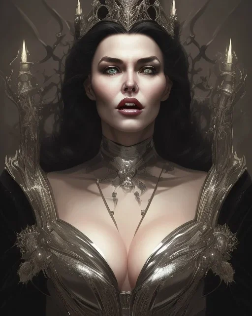 old evil queen in black leather gown, volouptous, busty, cleavage, angry, emperious, 8k resolution concept art portrait by Greg Rutkowski,