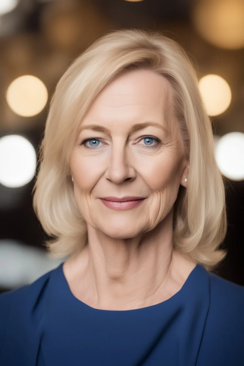 Powerful classical portrait of a modern blonde politician in her late 50s wearing a blue top
