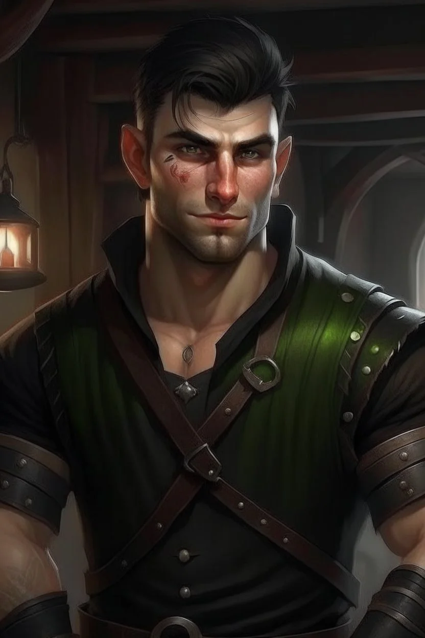 strong young half orc male who works at a tavern with short hair realistic wearing black clothing