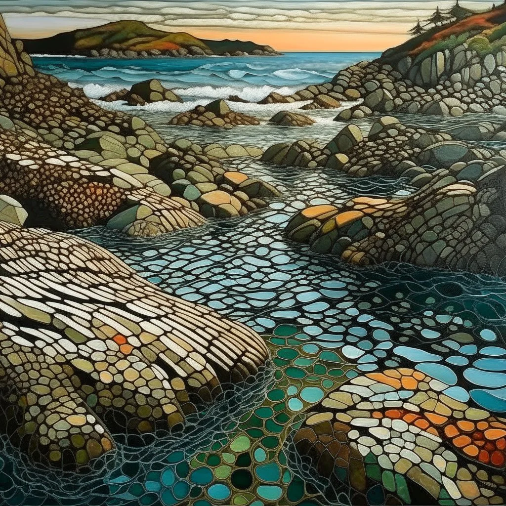 Pacific coastal tidal pools. Modifiers: fantastic view Ivan Bilibin patchwork minimalism Igor Dubovoy Yossi Kotler deeply saturated colour Alice Bailly Dramatic light and shadows mercury glass patina Svetlana Gadjieva Dark metallic tones, burnished patina clearly outlined linear forms with graceful curves Sweeping lines, bold shapes, abstracted v