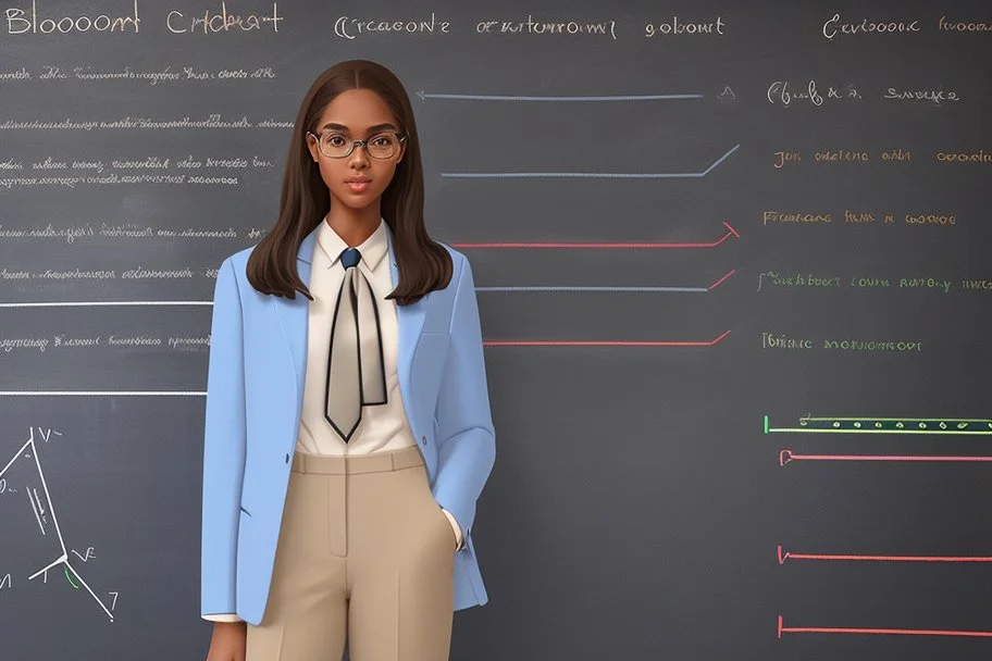 A pretty brown-haired, light-skinned woman in an elegant blue suit stands in a classroom in front of a blackboard with various charts and diagrams, in the sunlight