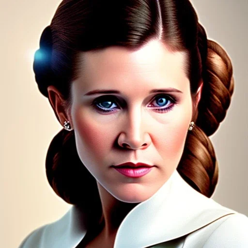 realistic analog style photography, Beautiful photorealistic close up face of carrie fisher, soft ethereal skin, symmetrical hairstyle,studio lighting, sharp brown eyes, dark plain background