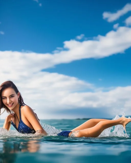 close up shot of very beautiful model girl swimming in water wearing swim suit ,country side ,nice cloudy sky,country houses