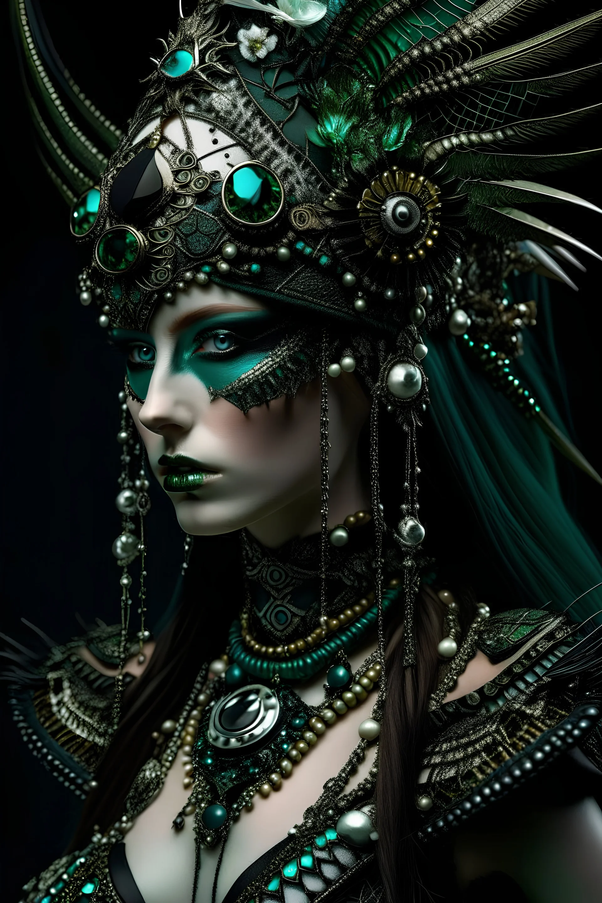 Beautiful faced Warrior Princess portrait In opal and malachite stone ribbed ,textured metallic and black pearl floral ribbed leather vantablack techno dark goth armour, wearing malachite stone and quartz stone ornated Warrior floral headress vantablack techno shamanism, agate stone, azurit and quartz beads troyan costume organic bio spinal riibbed detail of etherial rainy background extremely detailed hyperrealistic intricate athmospheric full body portrait