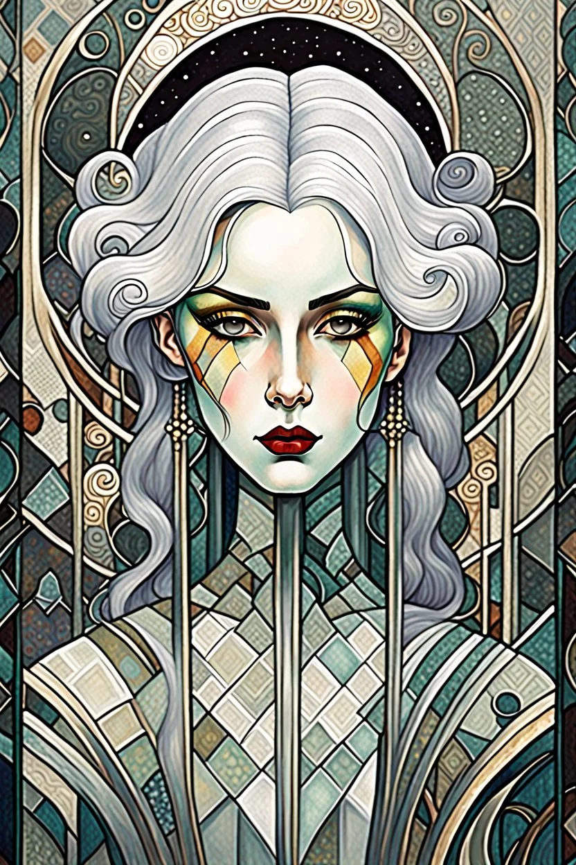 create an abstract, cubist, highly ethereal, darkly magical full body illustration of a deeply sorrowful, silver haired, vampire girl with highly detailed and deeply cut facial features, in the style of GUSTAV KLIMT, EDWARD BURNE-JONES, WILLIAM MORRIS, and KATHE KOLLWITZ combined with the comic art style of BILL SIENKIEWICZ and JEAN GIRAUD MOEBIUS, searing lines and forceful strokes, precisely drawn, inked, and darkly colored