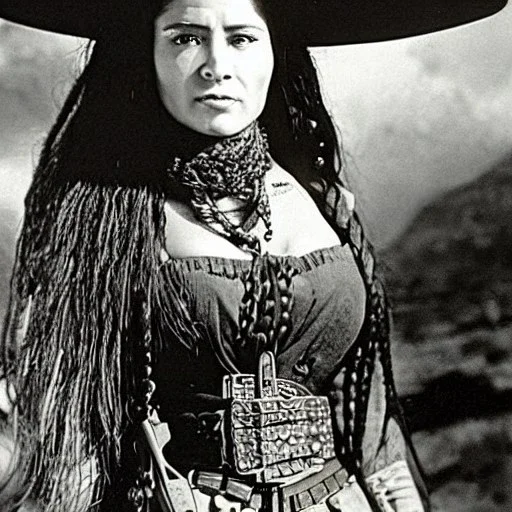 detailed matte painting of beautiful female mexican outlaw wearing holster with two guns on waist and two rows of bullets in bandolier across chest in front of adobe house, long black wavy hair, gorgeous, stunning face, 8k, high-quality, ultra-fine detail, 1800s wild west, brian froud, howard lyon, selina french, anna dittmann, annie stokes, lisa parker, greg rutowski,