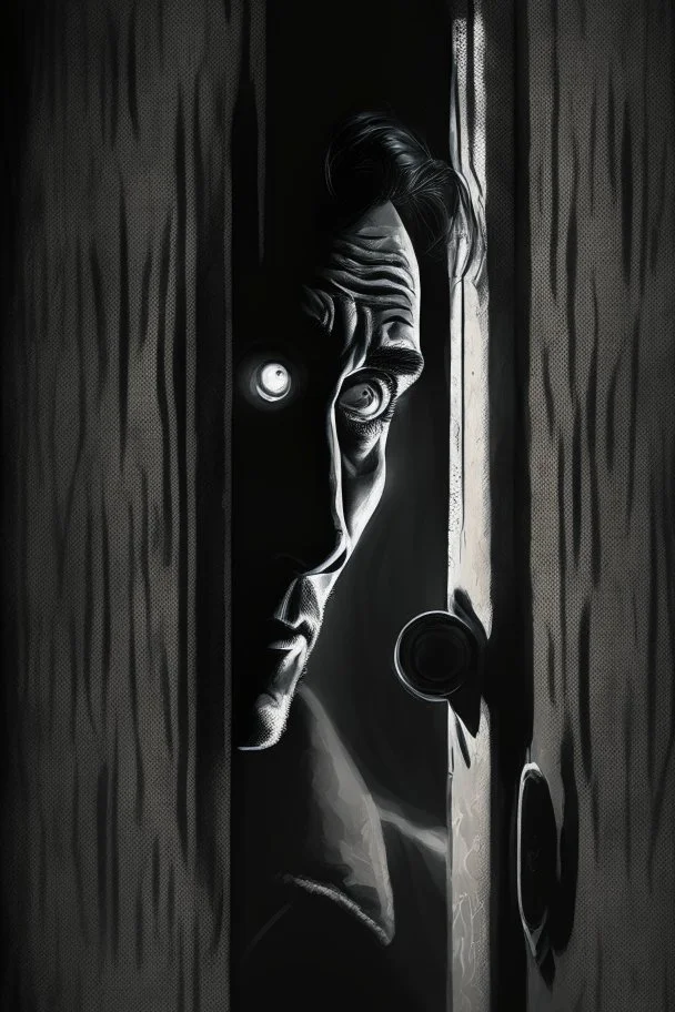 The man standing on the other side of the door, looking through the peephole with a suspicious expression on his face, modifiers: dark, Moody, shadowy, Low angle, film noir, Highly detailed, Digital painting, Artstation, Sharp focus, contrast, Contrasting colors, mystery, suspenseful, thriller, Expressionism, trending on deviantart, art by jock and sean phillips.