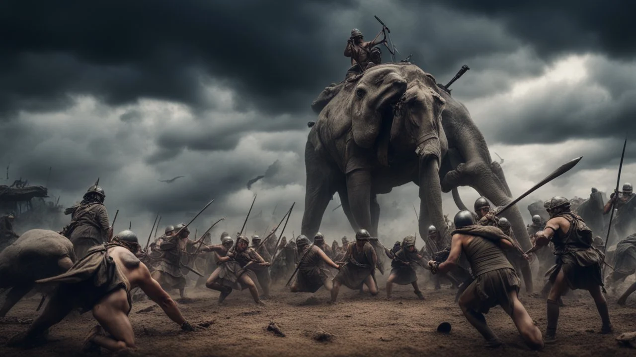 Hyper Realistic wide-angle-view of Prehistoric War-Sequence with soldiers fighting & antique-war-weapons at dark cloudy sky with dramatic & cinematic Ambiance