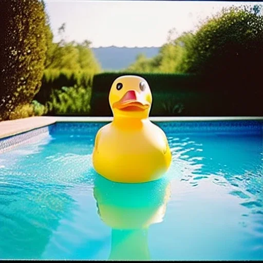 a very beautiful picture of a giant rubber duck in a pool, polaroid