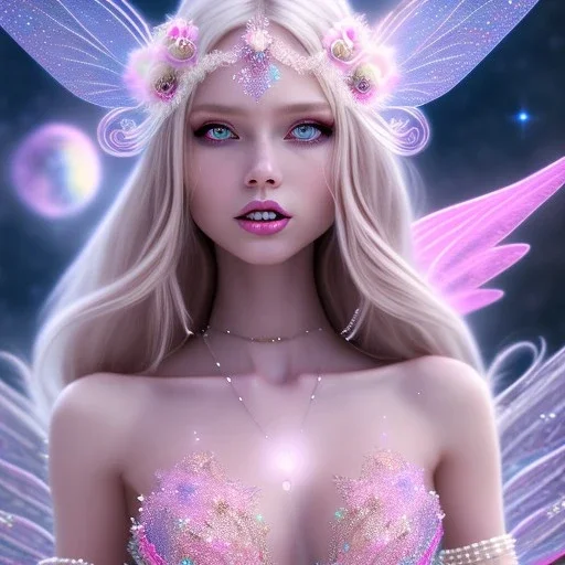 beautiful, soft, big smile face, whole head, long straight blonde hair blues eyes, crown on the head, clothing in transparent bluish and pink veil,fairy wings on the back, background brillante bluish and pink, hight definition, 8K