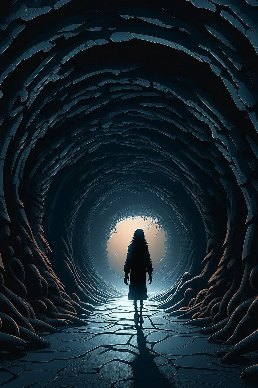 A surreal scene a tunnel-like structure filled with intertwined a hooded black shadow figure, The tunnel is lined with countless writhing aliens bodies, creating a chaotic and nightmarish atmosphere. At the end of the tunnel, a solitary beautiful girl figure walks towards a distant light source, casting a glow that illuminates the scene. The overall color palette is muted with shades enhancing the ominous and unsettling mood. The level of detai