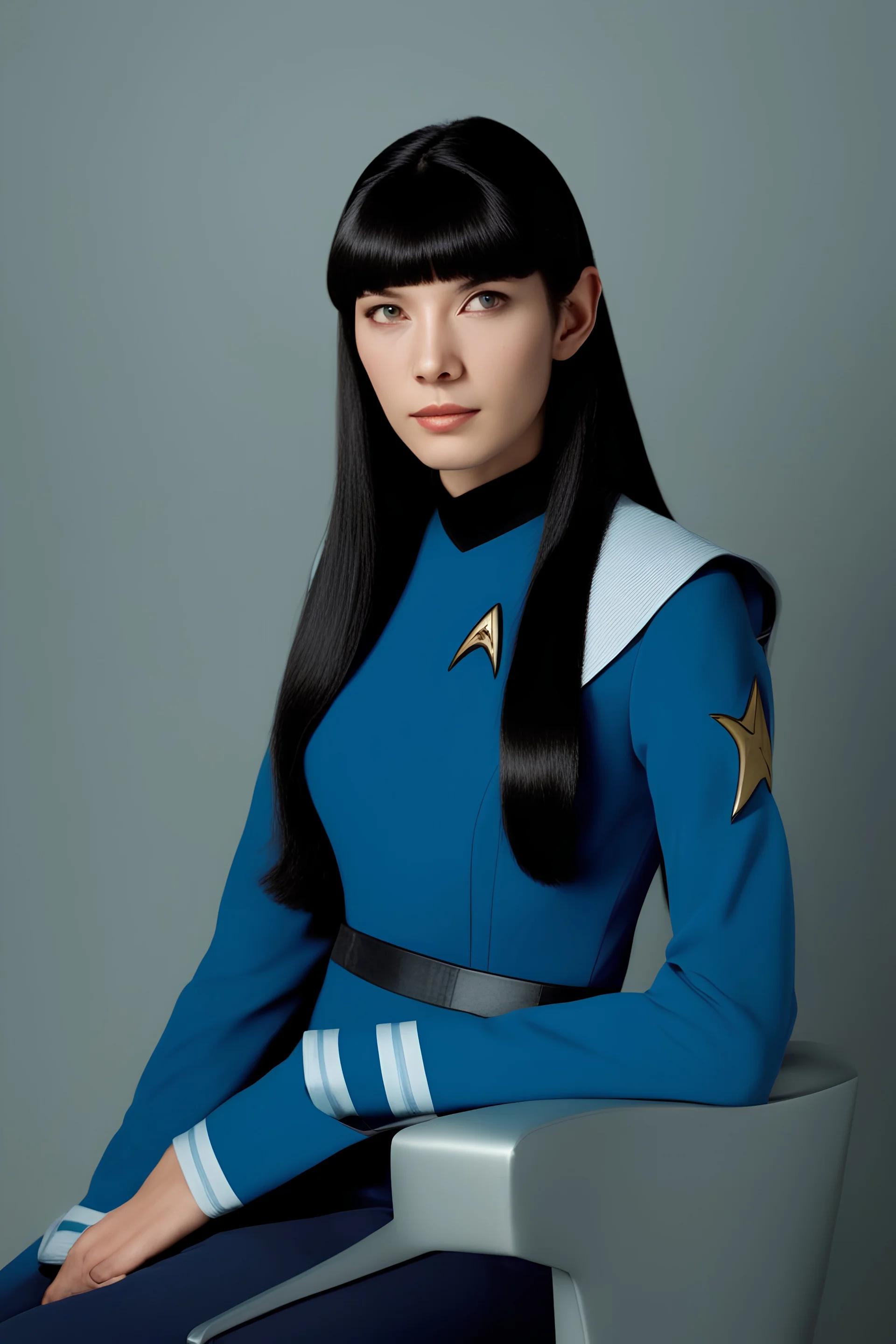 full color Portrait of 18-year-old prude Lenna Nimoy, with long, straight black hair, the bangs cut straight across the forehead, wearing blue star trek uniform - well-lit, UHD, 1080p, professional quality, 35mm photograph by Scott Kendall