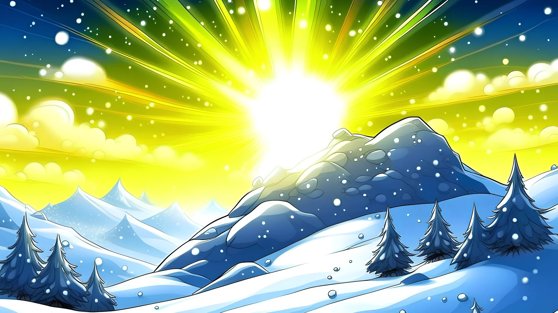 fantasy cartoon style: Once upon a snowy hill. The sun was shining, and the snow sparkled like a million tiny diamonds.