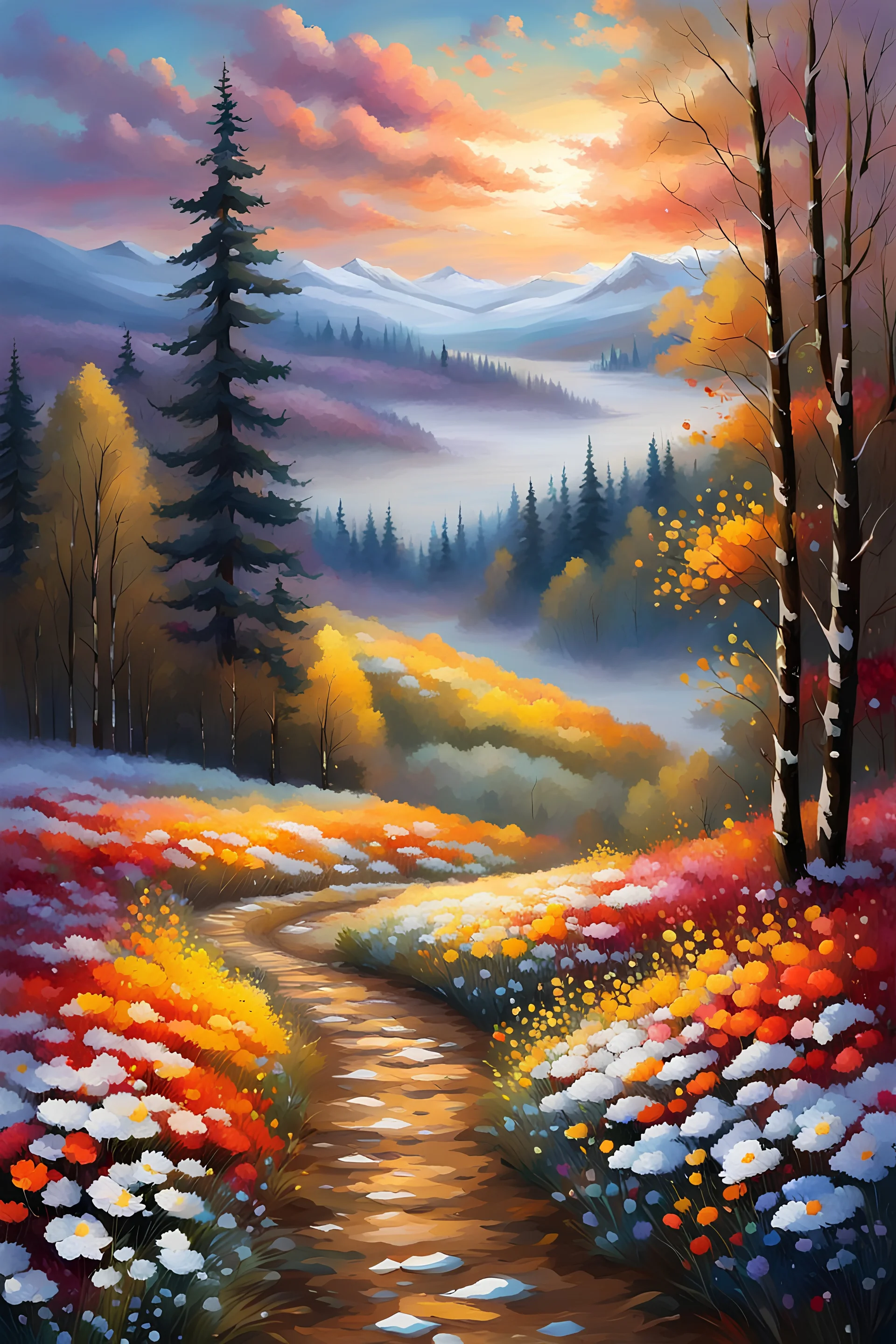 a field filled with lots of flowers next to a forest, footsteps in the snow, beautiful master painting, splashes of colors, path, very attractive and beautiful clouds, ( land ), pathway, color splashes, beautiful view, soft edges, stunning screensaver.