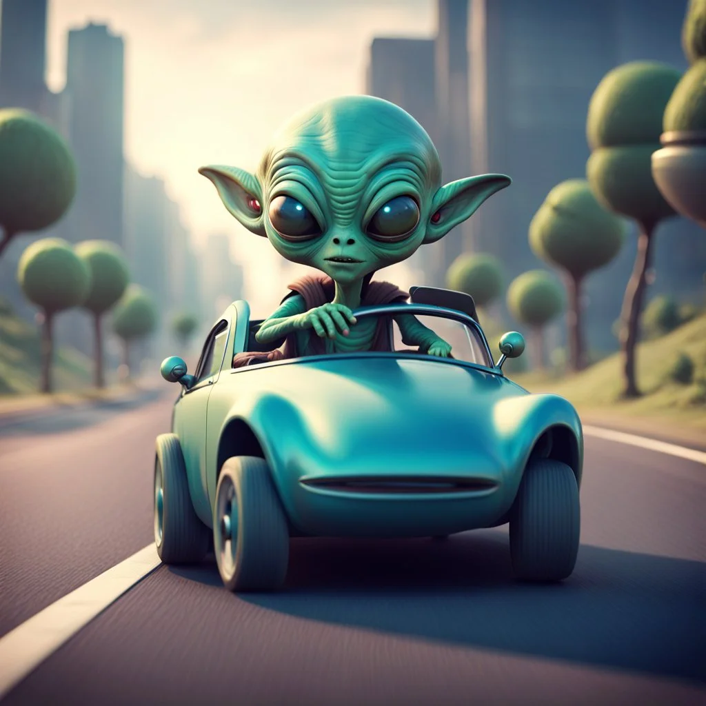 a cartoon alien driving a car down a road, a character portrait by Mike Winkelmann, featured on cgsociety, pop surrealism, rendered in cinema4d, daz3d, behance hd