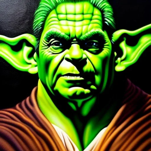 Ultra detailed fullbody Portrait in oil on canvas of a Hulk merges master yoda ,extremely detailed digital painting, extremely detailed face,crystal clear Big eyes, mystical colors ,perfectly centered image, perfect composition, rim light, beautiful lighting,masterpiece,8k, stunning scene, raytracing, anatomically correct, in the style of robert e howard and Ken Kelley and Ohrai Noriyoshi and Simon Bisley and tomzj1