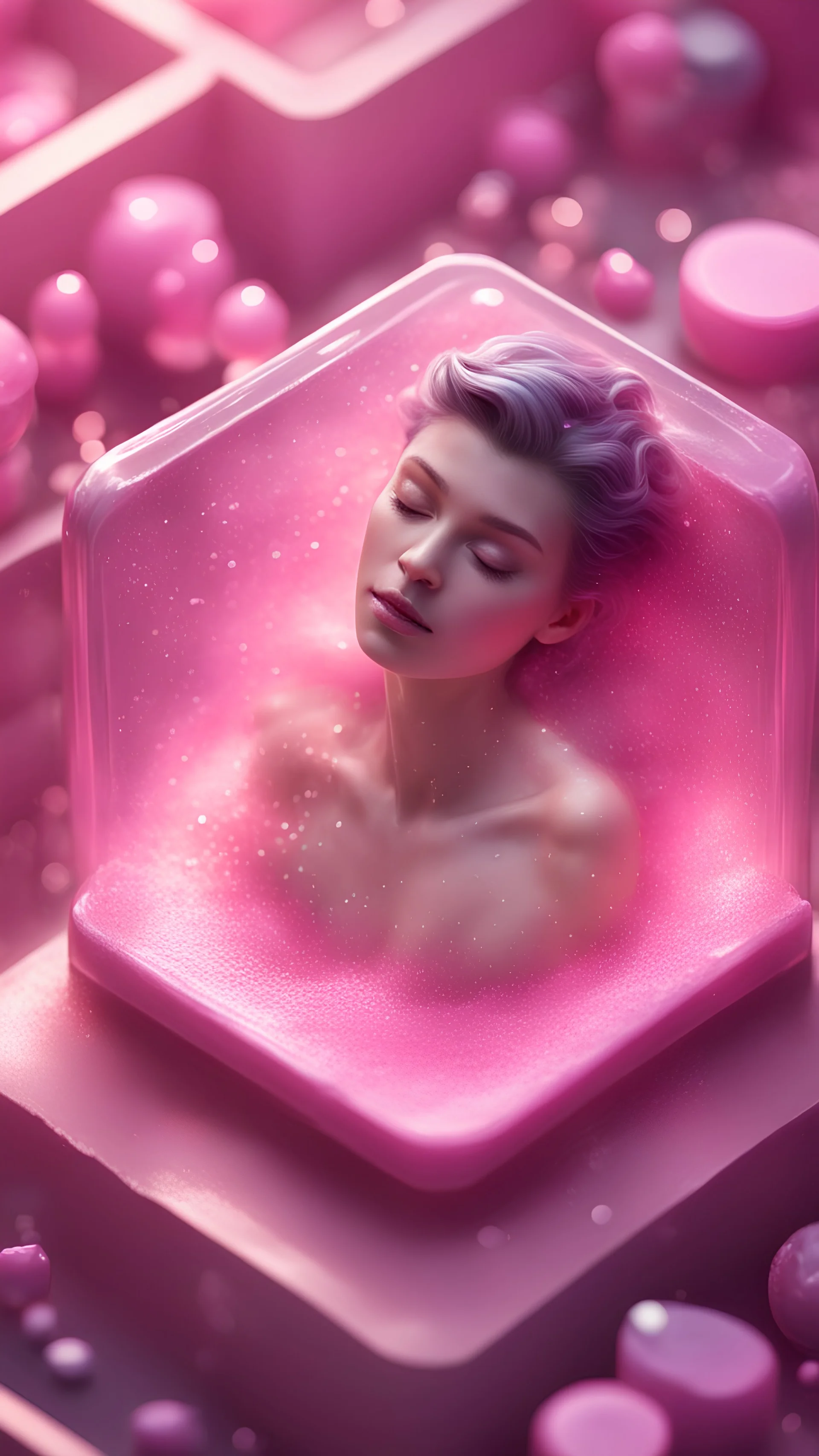 isometric portrait of soap star sleeping in a sarcophagus filled with transparent pink liquid,bokeh like f/0.8, tilt-shift lens 8k, high detail, smooth render, down-light, unreal engine, prize winning