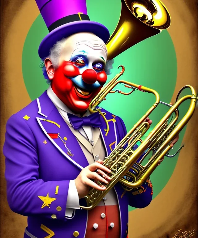 mechanoid happy old friendly fat clown playing jazz with a steampunk theme, trumpet, realistic