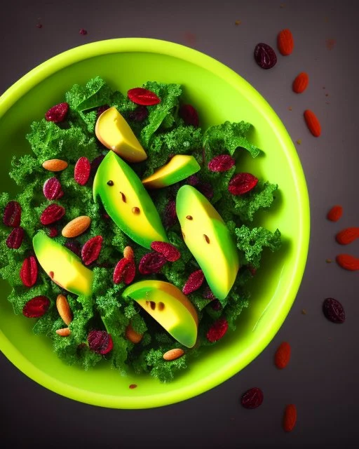 a bowl of salad that contains kale, carrot, avocado, dried cranberries, sesame seeds. Realistic photo. HD. Glowing. 3d style