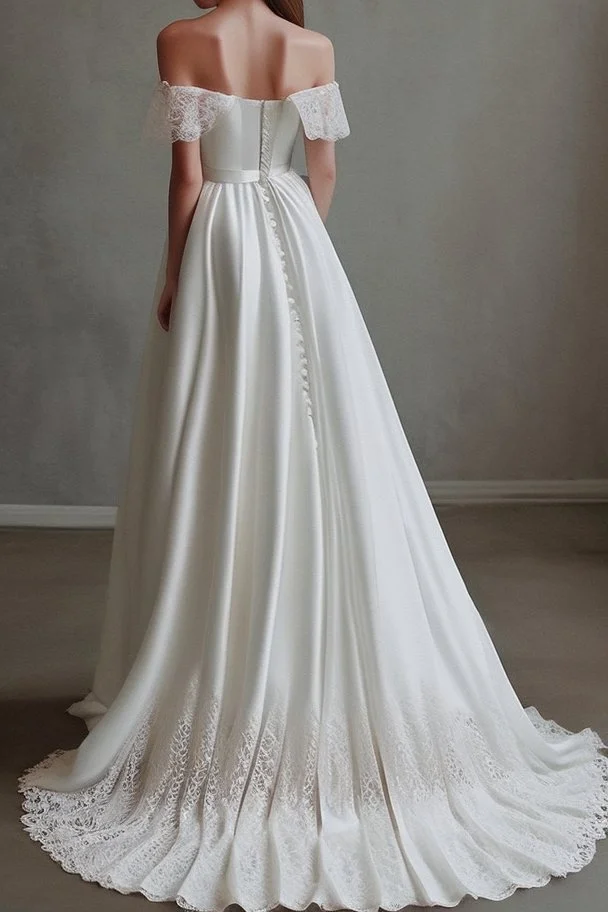 Lace and silk off-the-shoulder wedding dress is very long for sea lovers Photorealistic