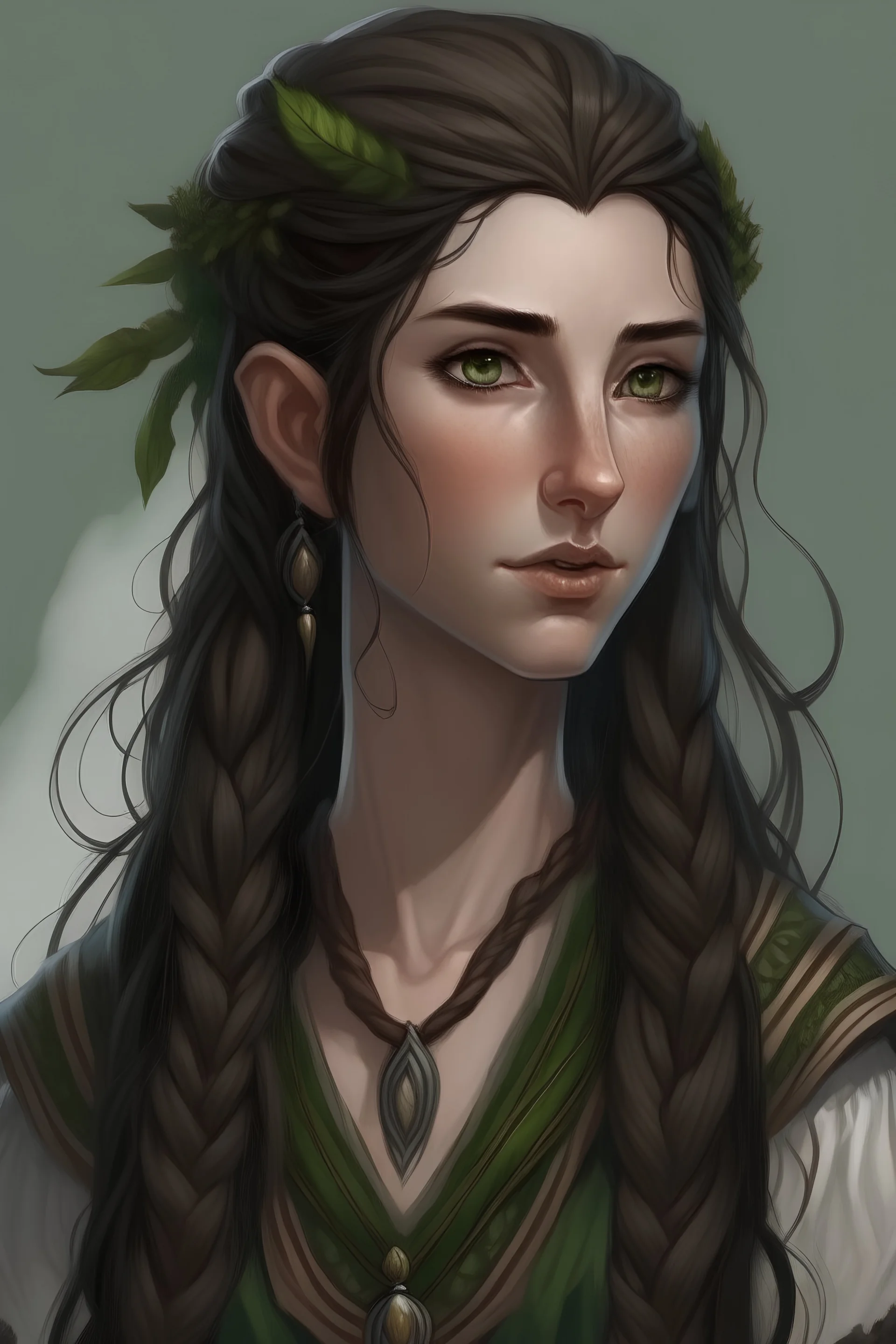 portrait of a female elf druid braid rough dark hair