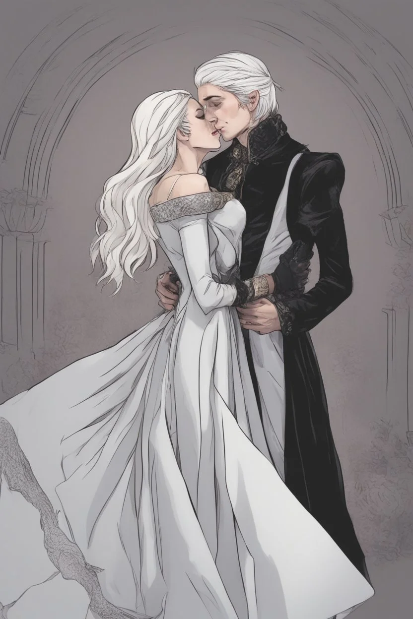 Strahd Von Zarovich being kissed by a beautiful woman with white hair, wearing an off the shoulder dress. Settling and background are a lavish toomb with an ebony coffin.