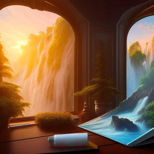 desk, parquet, paper, little pen, in front of one huge bay window with large view on a waterfall with warm light, sunset ,pixar style, panorama, nature, globe, HD